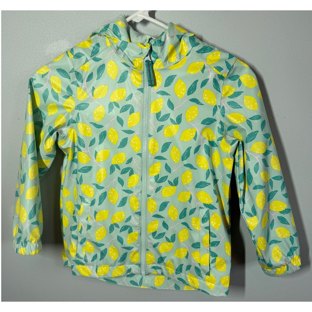 Cat & Jack Girls Rain Coat XS 5/6 Green Lemon Print Hooded Windbreaker Outdoor